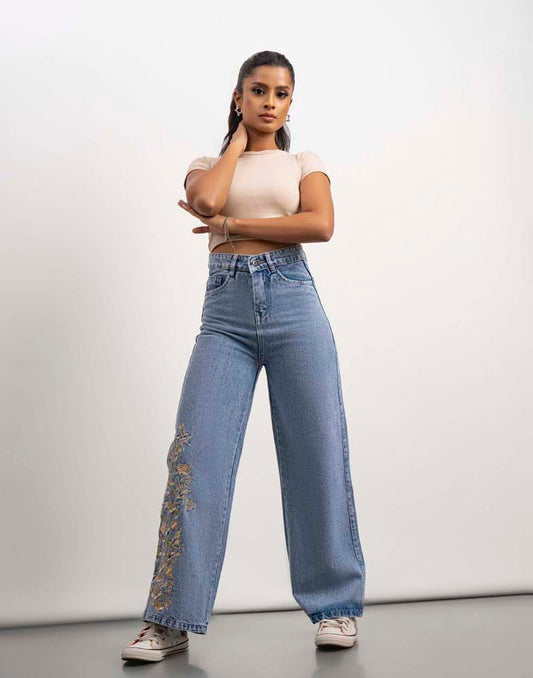 WOMEN'S WIDE LEG EMBROIDERED JEANS
