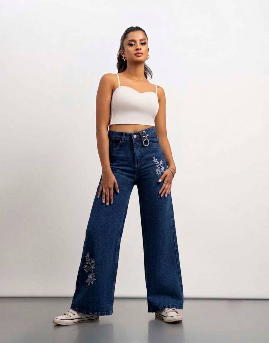 WOMEN'S WIDE LEG EMBROIDERED JEANS