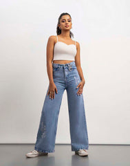 WOMEN'S WIDE LEG EMBROIDERED JEANS