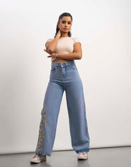 WOMEN'S WIDE LEG EMBROIDERED JEANS