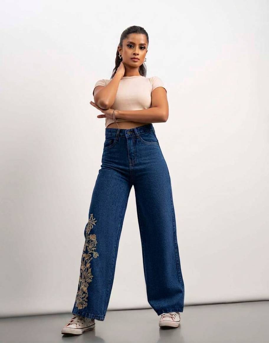 WOMEN'S WIDE LEG EMBROIDERED JEANS