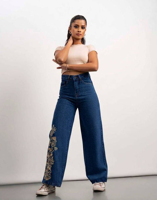 WOMEN'S WIDE LEG EMBROIDERED JEANS