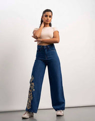 WOMEN'S WIDE LEG EMBROIDERED JEANS