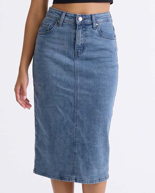 Givo Classic High-Waisted Denim Midi Skirt