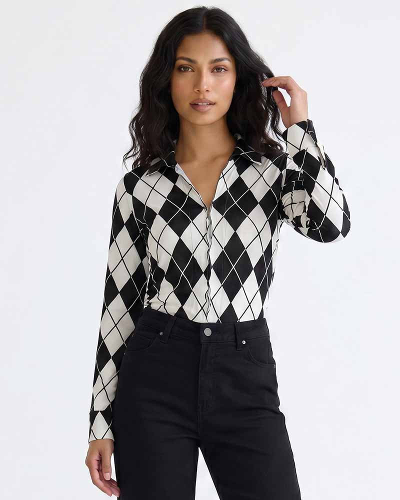 Black and White Patterned Long Sleeve T-Shirt
