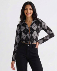 Black and White Patterned Long Sleeve Top