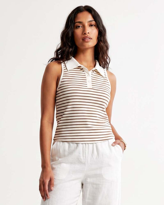 Ladies Sleeveless Striped Polo Top