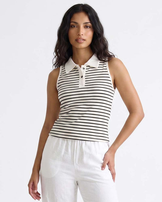 Ladies Sleeveless Striped Polo Top