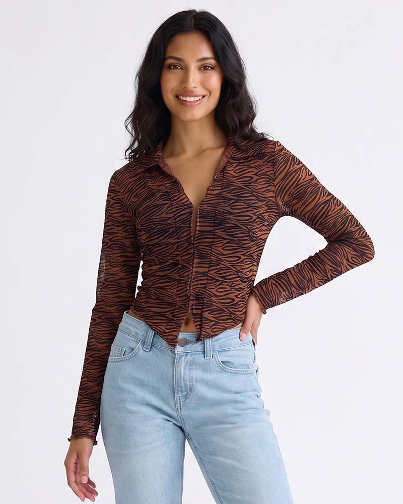 LADIES LONG SLEEVE ZEBRA MESH TOP